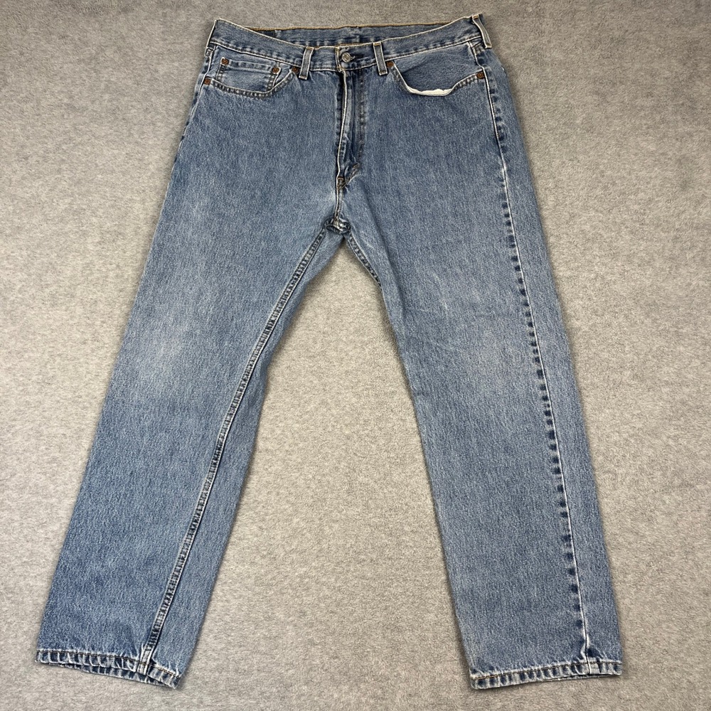 Levi Jeans Mens 36x30 Blue 505 Regular Fit Straight Leg Denim Frayed Distressed